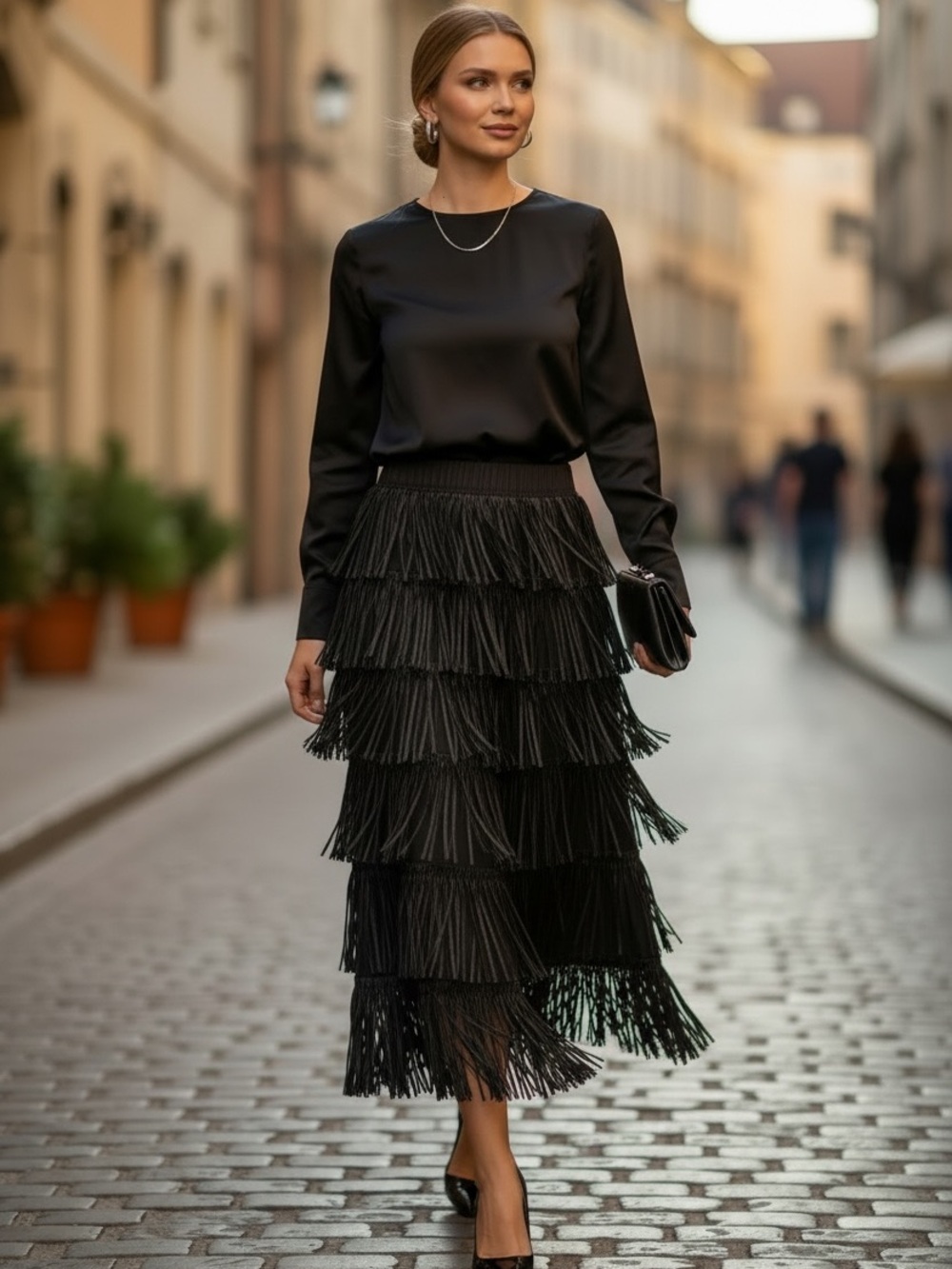 Fringed Tiered Midi Skirt in Black- Boho, festival or Rodeo ready. - Picture 3 of 5